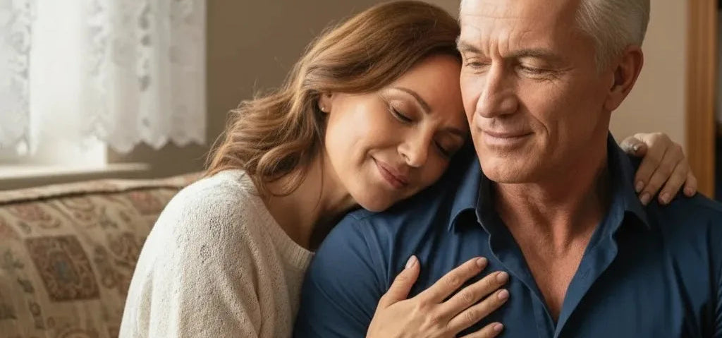 Woman embracing a man holding a bottle of Urvita, with a warm indoor setting.